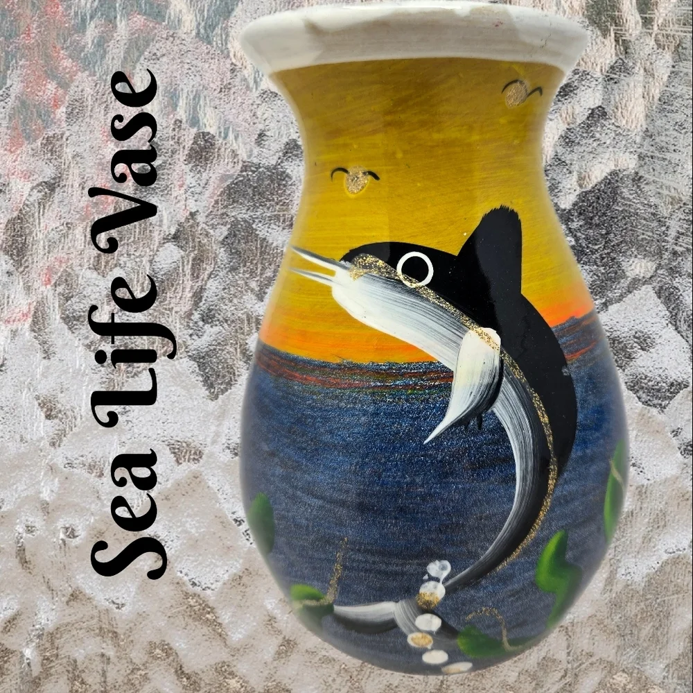 Sea life Ceramic Vase Fish Sea Weed Ocean Sunset Hand Painted Bird Bright Bold
